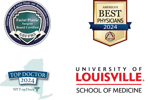 Facial Plastic Surgeon Board Certification - ABFPRS, America's Best Physicians 2024, Top Doctor 2024 - NYTopDocs, and University of Louisville School of Medicine.