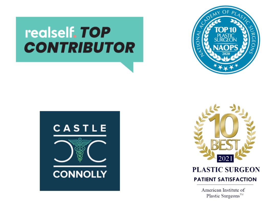 Dr Lee award logos including realself Top Contributor, To 10 Plastic Surgeon NAOPS 2020, Castle Connolly, & 10 Best Plastic Surgeon 2021 - Patient Satisfaction