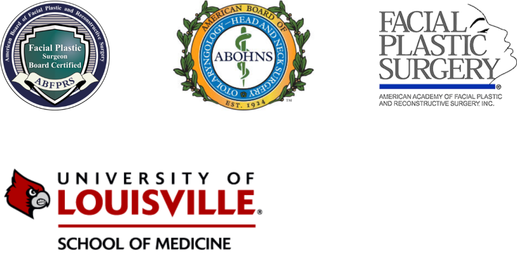 Dr. Lee credentials logos including Facial Plastic Surgeon Board Certification, American Board of Otolaryngology-Head And Neck Surgery, American Board of Facial Plastic and Reconstructive Surgery, and University of Louisville School of Medicine