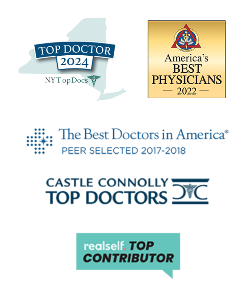 Dr. Quatela awards logos - Top Doctor 2024 (NYTopDocs), America's Best Physicians 2022, The Best Doctors in America 2017-2018, Castle Connelly Top Doctors, realself Top Contributor